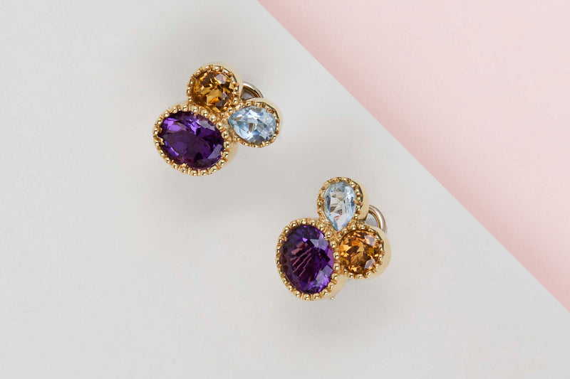18ct. Yellow Gold Earrings - Amethyst, Yellow Topaz, Blue Topaz