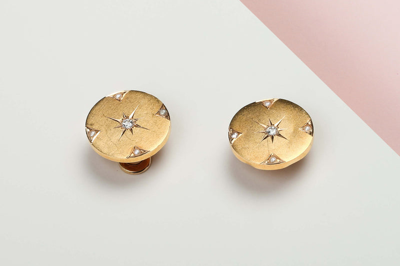 14 ct. Yellow Gold Cufflinks - Pearls - Diamonds