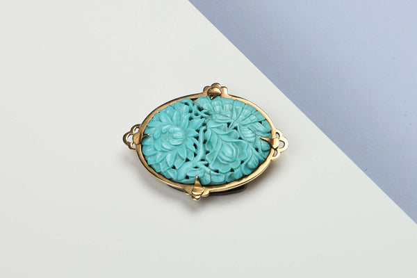 Yellow Gold Brooch - Turquoise