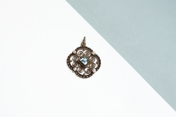 14 ct. Yellow Gold Pendant - Aquamarine - Pearl