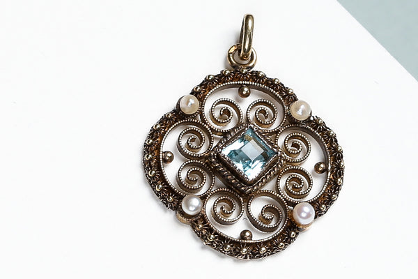 14 ct. Yellow Gold Pendant - Aquamarine - Pearl